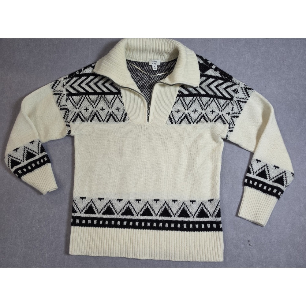 Crown & Ivy Sweater Women's Sz M Black & Ivory Winter Nordic Collar Zip